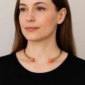 Coral Howlite Beaded Choker Necklace – Gold Tone Open Collar – Modern Statement